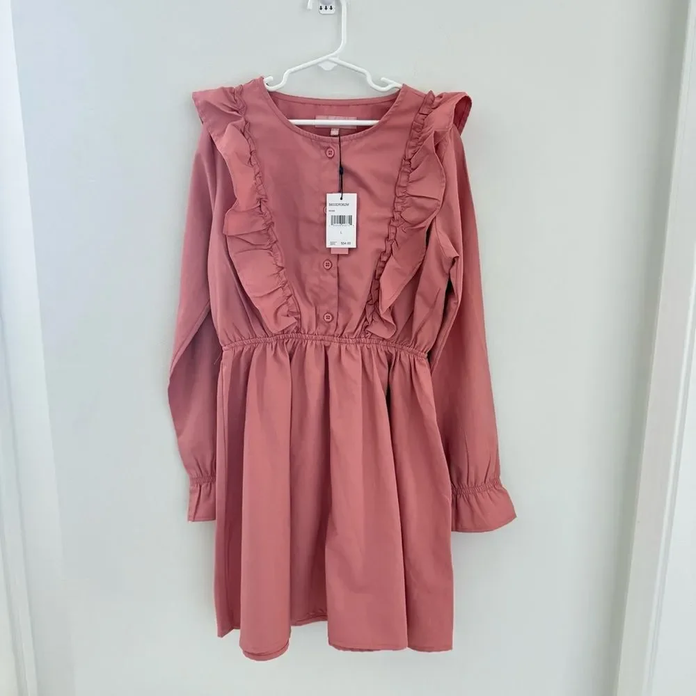 BCBG Girls Dress Rose Color Long Sleeved L Ruffle Pink